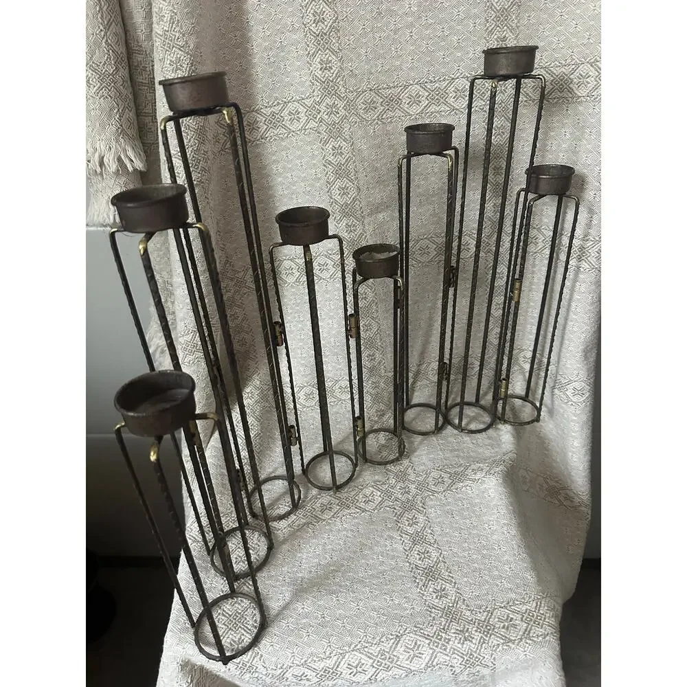 Vintage Brutalist Folding Wrought Iron Candelabra 8 Arm Tea Light Candle Holder